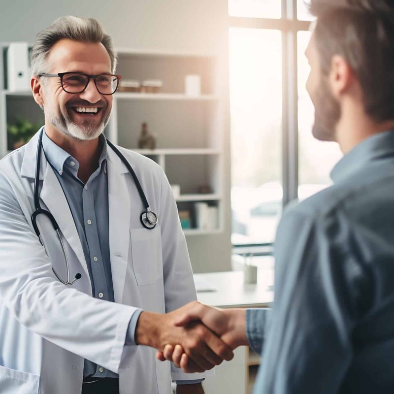 Medico e paziente stretta di mano Una fiduciosa stretta di mano tra medico e paziente. Digital Care, il CRM di Aeonvis basato su Salesforce e dedicato al settore Healthcare & Life Sciences, consente di monitorare la rete commerciale e di divulgazione scientifica