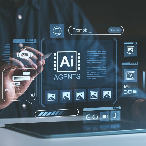 A person interacts with a futuristic AI agent interface featuring holographic digital elements, icons, and prompts, symbolizing advanced technology and automation