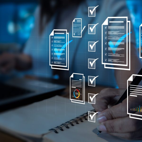 Document management concept, check electronic documents on digital documents on virtual screen Document Management System and process automation to efficiently document paperless operate