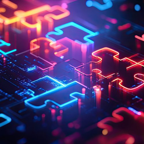 Futuristic neon puzzle pieces merging on a digital interface, symbolizing API integration and system collaboration
