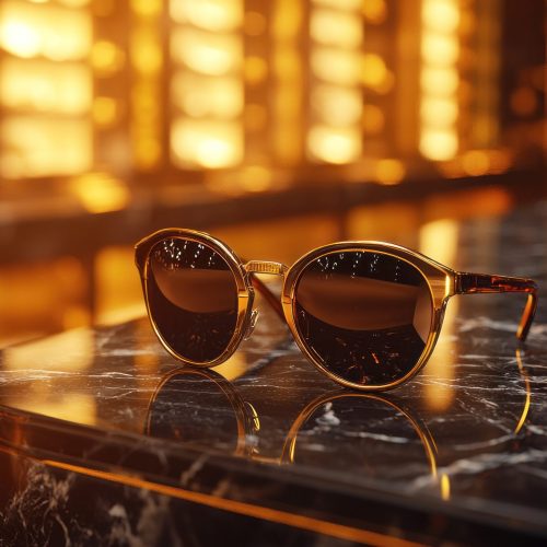 Luxurious sunglasses on a marble countertop in a high-end store