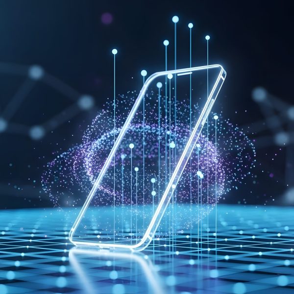 Holographic smartphone outline with rising digital signals and particle rings. Augmented reality and mobile app development. Transparent phone interface glowing on a grid floor.