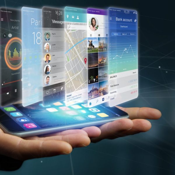 Businessman holding 3d rendering app template on a smartphone