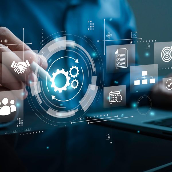 Businessman developing digital automation system and AI workflow optimization, Concept of process management, operational efficiency, business technology, and digital transformation strategy