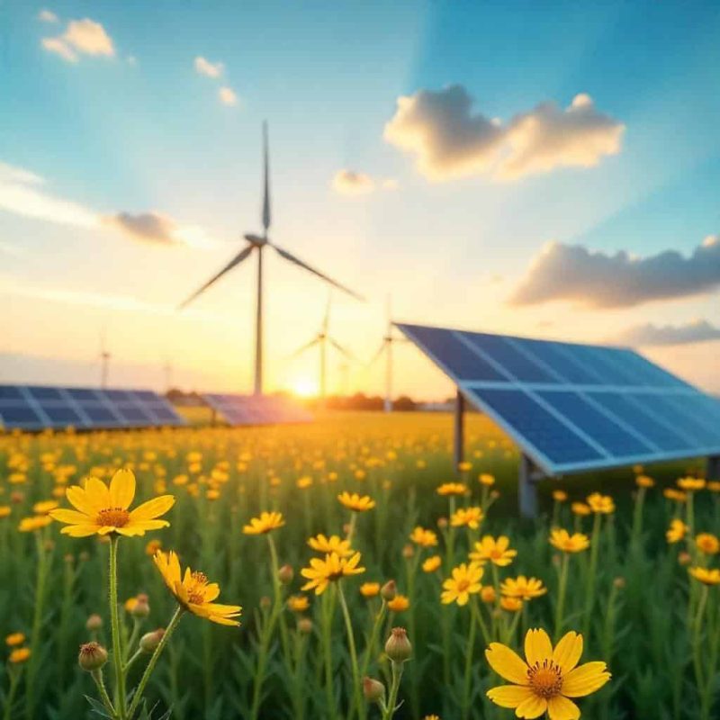 Campo di fiori gialli e pannello solare In un campo di fiori gialli pale eoliche e pannelli solari. E-SMART è la soluzione Salesforce di Aeonvis dedicata alle aziende del settore energy