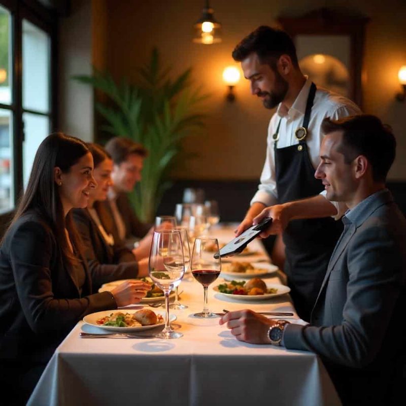 Cameriere ristorante Un cameriere prende ordinazioni in un ristorante elegante. Il software Aeonvis WineForce Plus, basato su tecnologia Salesforce, permette alle aziende del settore di digitalizzare i propri processi,